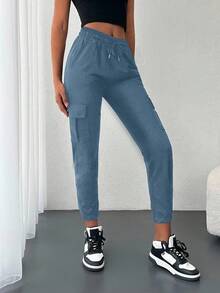 SHEIN Cottnline Women's Casual Solid Color Cargo Sweatpants - Baby Blue - View 5