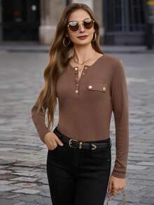 EMERY ROSE Women's Solid Color Notch V-Neck Casual Long Sleeve T-Shirt, Spring/Summer Fall Cloth For Women - Brown - View 5