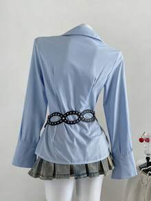 Elamini Women's Long Sleeve Ruched Slim-Fit Solid Color Blouse, For Autumn Women Shirt - Baby Blue - View 2