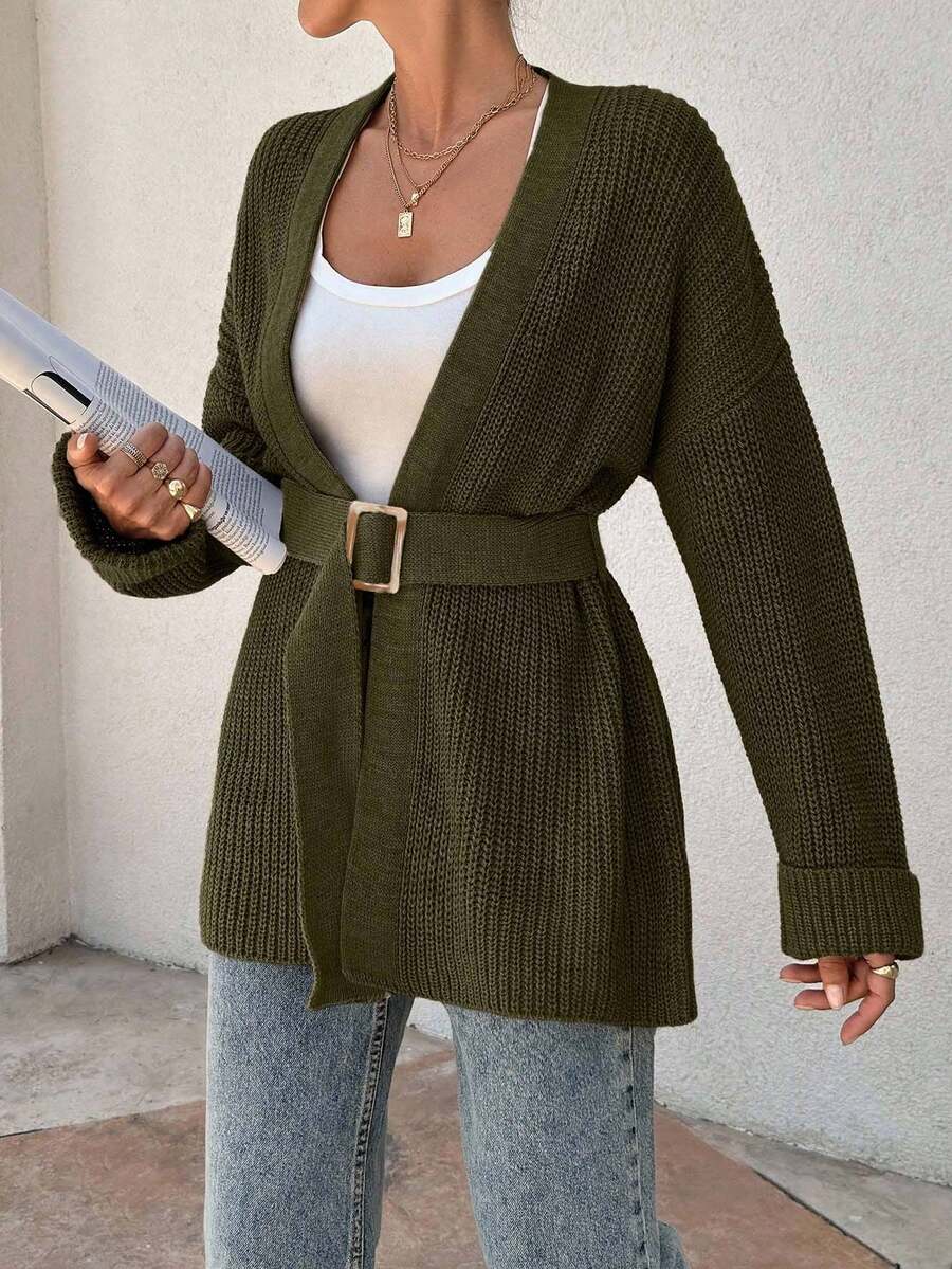 EURMUSE Women Oversize Asymmetric Shaped With Belt Detailed Rib Knitted Cardigan - Army Green - View 1