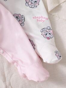 2件套新生儿小象印花长袖连脚连体衣套装，粉色和米色 - 粉色 - 查看 5