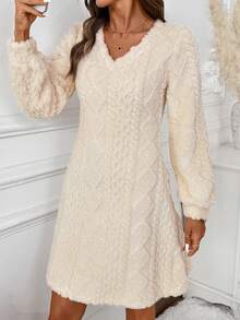 SHEIN Clasi 女式 V 领长袖针织弹力米色/杏色纹理面料优雅日常迷你连衣裙，秋冬 - 杏色 - 查看 3