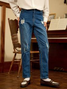 RivetRise Men's Versatile Washed Blue Ripped Skinny Jeans - Blue - View 1