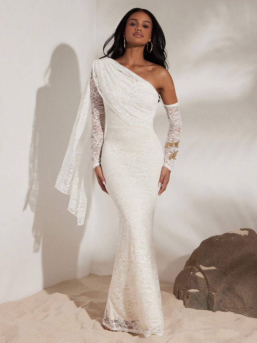 Opulessa Casual Solid Color Knit Lace Asymmetric-Shoulder Long Dress For Women, Wedding Guest Outfits, Autumn Winter Women, New Year Look, Thanksgiving Outfits, Elegant Dresses Party, Luxury Evening Dresses For Weddings, Sexy Club Outfits, Casual Dress