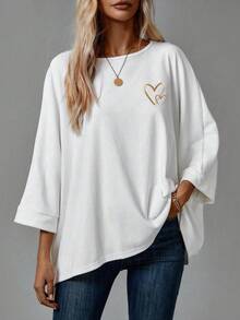 SHEIN LUNE Casual Minimalist Gold Foil Heart Graphic Basic T-Shirt For Women, Suitable For Autumn/Winter - Multicolor - View 2