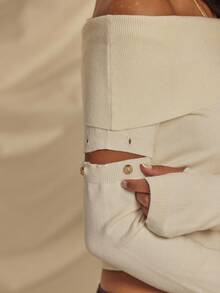 Aralina 秋冬露肩翻领针织长袖套头衫，带拇指孔和可拆卸袖子，可爱舒适的女士外出上衣，适合圣诞节和新年穿着，乡村风格 - 杏色 - 查看 3