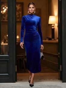 Balvessa 1 件天鹅绒不对称褶皱开衩连衣裙，适合约会之夜长款女士服装秋季女士服装 - 寶藍色 - 查看 1