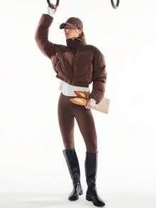 GLOWMODE Chic In Warmth Chill Crush Shiny Matte Finish Wind-Resistant Neckline Cuffs Zipper Pockets Cropped Puffer Jacket Autumn Winter Outdoors Snow Ski Daily Casual Wear - Chocolate Brown - View 8