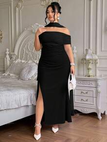 Roveilla Plus Size Women's New Elegant Flowy Off Shoulder Split Fitted Romantic Party Backless Dress, Suitable For Party And Daily Wear