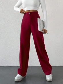 SHEIN Cottnline Solid Straight-Legged Suit Trousers With Pockets And Zipper - Burgundy - View 3