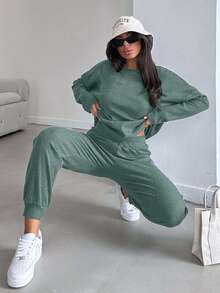 EURMUSE Women's Casual Solid Color Top And Pants 2 Pieces Set, Autumn - Mint Green - View 5