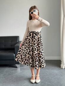 Firerie Kids Falda acampanada con bloqueo de color, ribete acanalado y estampado de leopardo vintage con lazo en la cintura, adecuada para niñas preadolescentes, elegante y casual, ideal para uso diario casual y escolar en primavera/otoño, a juego para mamá e hija, hermanas - Caqui - Ver 5