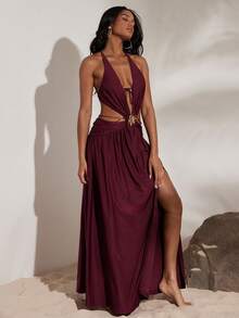 Opulessa Einfarbiges, gestricktes Neckholder-Kleid mit rückenfreiem Schlitz für Damen, Urlaub, Weihnachten, Neujahr, Thanksgiving-Outfits, elegantes Party-Outfit, luxuriöse Abendkleider für Hochzeiten, Herbst-Winter-Kleidung, Abschlussfeier, Ballkleid - Bordeaux - Übersicht 4