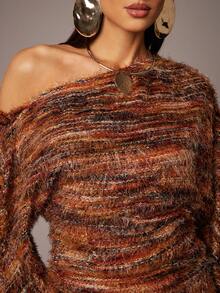 Silquee Elegant Brown Stripe Autumn Knitted Top, Asymmetrical Off-The-Shoulder Long-Sleeved Drape,Retro American Style Sleek Casual Night Out Rust-Brown - Multicolor - View 5