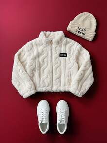 SHEIN 女童休闲半拉链立领抓绒卫衣，带贴布，纯杏色，秋冬季，返校季抓绒套头衫，秋冬款 - 杏色 - 查看 9