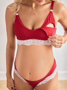 Moonlight&Mama 2pcs Christmas Color Block Lace Patchwork Push Up Nursing Maternity Bra - Burgundy - View 2