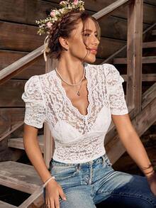 LanaWest Women Lace Trim Sexy Stylish T-Shirt Top, Suitable For Everyday, Gathering, Party And Beer Festival In Summer, Dirndl - White - View 6