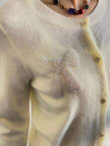 Livesso Autumn/Winter Yellow Beaded Shiny 3D Bow Knit Cardigan, Elegant For Wedding & Party - Beige - View 4