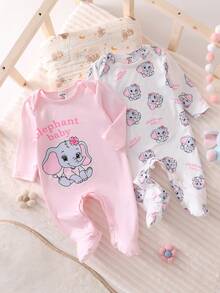 2件套新生儿小象印花长袖连脚连体衣套装，粉色和米色 - 粉色 - 查看 6