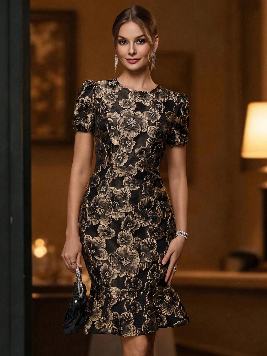 Balvessa 圆领泡泡袖短款连衣裙，收腰，纹理，提花金色花卉，优雅复古中长连衣裙，适合春夏初秋 - 黑色 - 查看 1