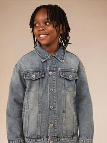 SUMWON Boys Vintage Washed Medium Blue Denim Jacket Classic Button Front Trucker Style - Medium Wash - View 6