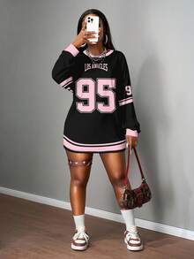 Slaydiva Koszulka damska z długim rękawem i grafiką w kolorze czarnym, jesień/zima 2025, w dużym rozmiarze