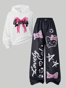 SHEIN ChillGRL 2件套少女印花连帽衫和印花裤 - 彩色 - 查看 3