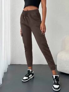 SHEIN 女式休闲纯色工装运动裤 - 巧克力棕 - 查看 4