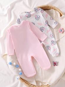 2件套新生儿小象印花长袖连脚连体衣套装，粉色和米色 - 粉色 - 查看 2