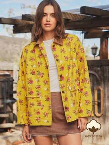 WESTFADE Floral Print Corduroy Collared Button Front Oversized Long Sleeve Barn Jacket Fall, Autumn, Winter - Multicolor - View 1