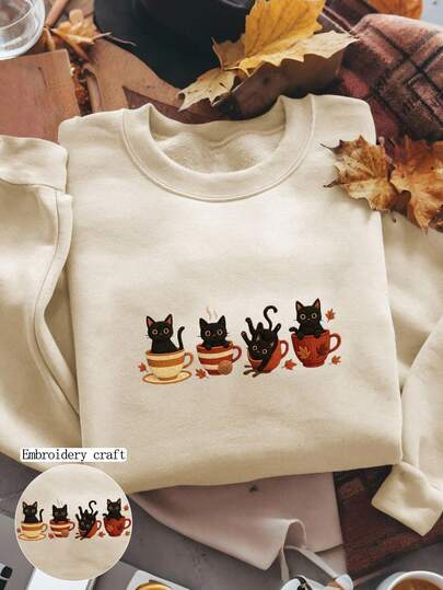 INAWLY Halloween Cat & Maple Leaf Coffee Cup Print Women Crew Neck Sweatshirt