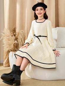 Vestido elegante con mangas raglán y ribete de bloques de color para niña preadolescente - Beis - Ver 4