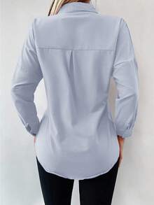 Cottnline Camisa unicolor con botón delantero de hombros caídos - Celeste - Ver 2