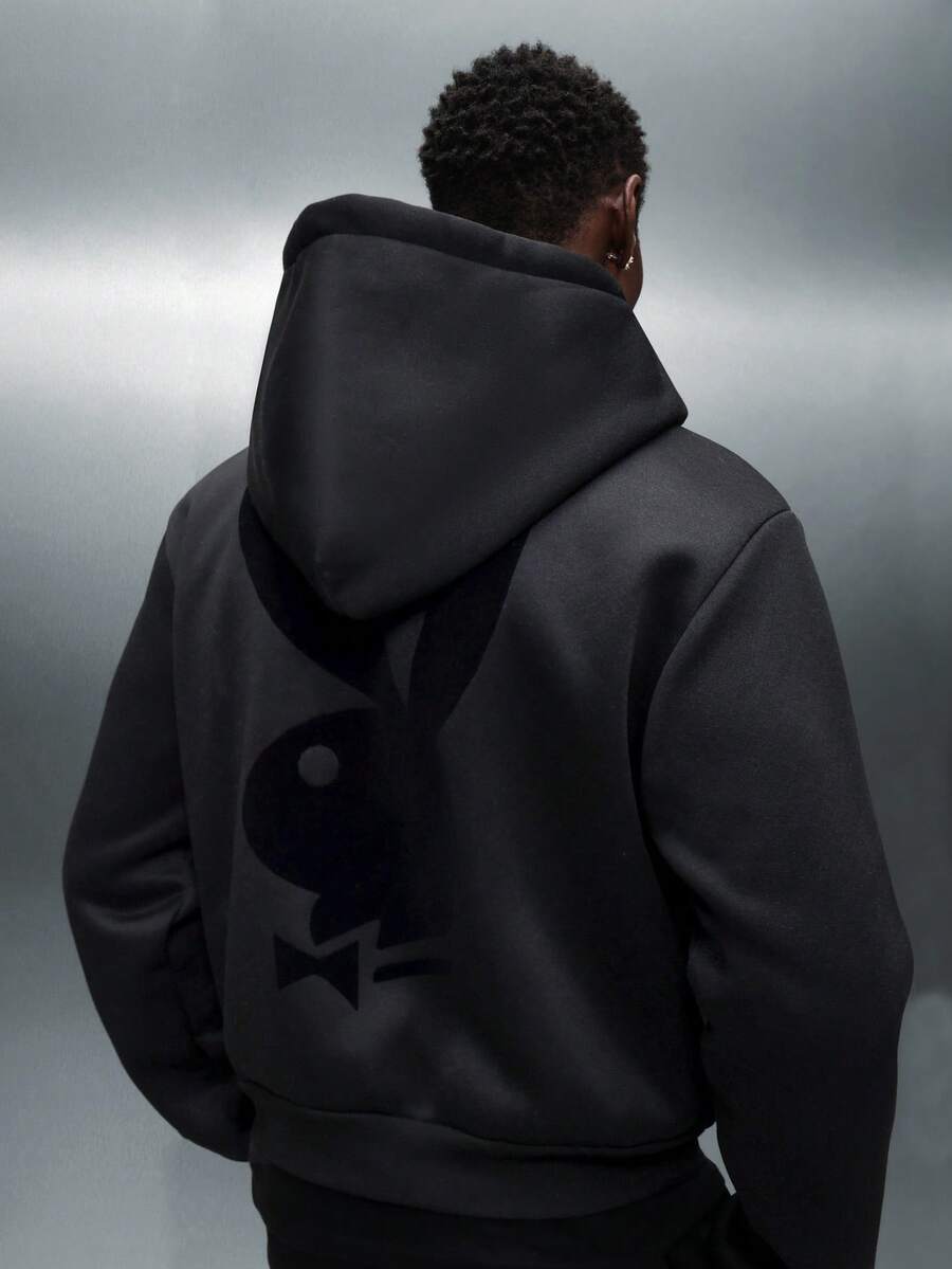 PLAYBOY X SUMWON Essential Zip Up Hoodie Casual Street Style Comfortable Full Front Zipper Classic Minimalist Design Fall Winter Outerwear Daily Wear Fashion - Black - View 1