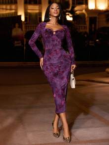 Lureya Robe moulante mini asymétrique à manches raglan transparente avec imprimé floral mignon, sexy et charmante, convient pour toutes les saisons