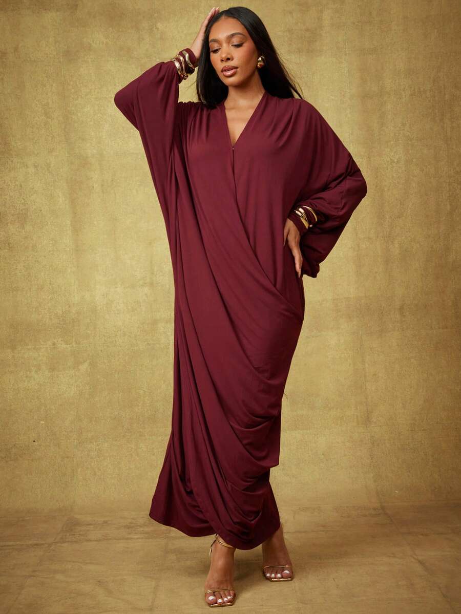 Vixey Robe caftan drapée avec enroulement en col V en jersey unicolore - Rouge foncé - Voir 1