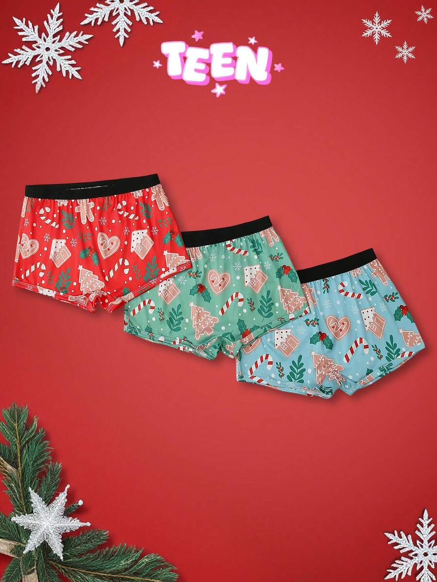 Bộ 3 quần lót nam thoải mái họa tiết người bánh gừng và cây thông Noel nhiều màu sắc, dành cho thiếu niên và bé gái - Nhiều màu - Xem 1