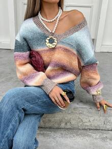 Livesso Suéter holgado y casual de mujer con efecto tie-dye, bloques de color y patchwork de punto, para otoño/invierno