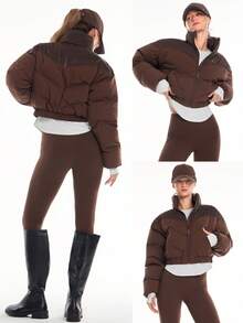 GLOWMODE Chic In Warmth Chill Crush Shiny Matte Finish Wind-Resistant Neckline Cuffs Zipper Pockets Cropped Puffer Jacket Autumn Winter Outdoors Snow Ski Daily Casual Wear - Chocolate Brown - View 9