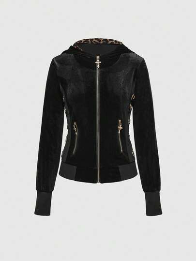 ROMWE Grunge Punk Y2K Retro Sexy Velvet Leopard Patchwork Large Hoop Metal Eyelet Zipper Women Jacket