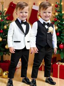 3pcs Baby Boy Gentleman Outfit Set: Colorblock Black & White Suit Jacket, Shirt, And Elastic Waist Pants - Multicolor - View 3