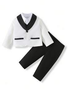 3pcs Baby Boy Gentleman Outfit Set: Colorblock Black & White Suit Jacket, Shirt, And Elastic Waist Pants - Multicolor - View 8