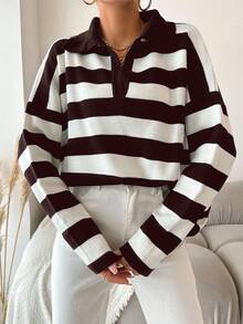 EURMUSE Plus Size Striped Pattern Drop Shoulder Polo Neck Drop Shoulder Sweater - Brown - View 5