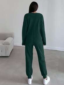 EURMUSE Women's Casual Solid Color Top And Pants 2 Pieces Set, Autumn - Dark Green - View 2
