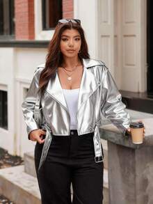 Vionelle Chaqueta corta de mujer de talla grande con acabado metálico de PU