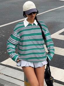 Muchica Plus Size Striped Lapel Loose Sweatshirt In Fall/Winter - Green - View 4