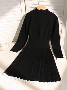 SHEIN 女童（大童女孩）新款秋冬简约高端长袖褶皱针织连衣裙，下摆和袖口采用微妙的撞色，时尚百搭的针织连衣裙 - 黑與白 - 查看 8