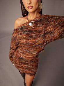 Silquee Elegant Brown Stripe Autumn Knitted Top, Asymmetrical Off-The-Shoulder Long-Sleeved Drape,Retro American Style Sleek Casual Night Out Rust-Brown - Multicolor - View 8