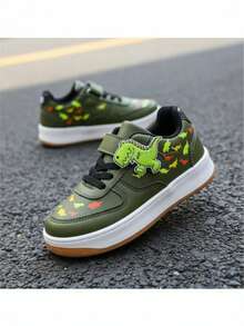 Tenis infantiles unisex casuales con estampado de dinosaurio material sintético diseño ancho punta redonda corte bajo primavera otoño para deporte y recreo - Verde - Ver 3