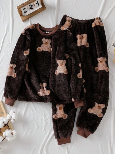 Genkimix Kids 2 件套青少年男童休闲羊毛睡衣套装，长袖上衣和裤子，咖啡色，带熊图案